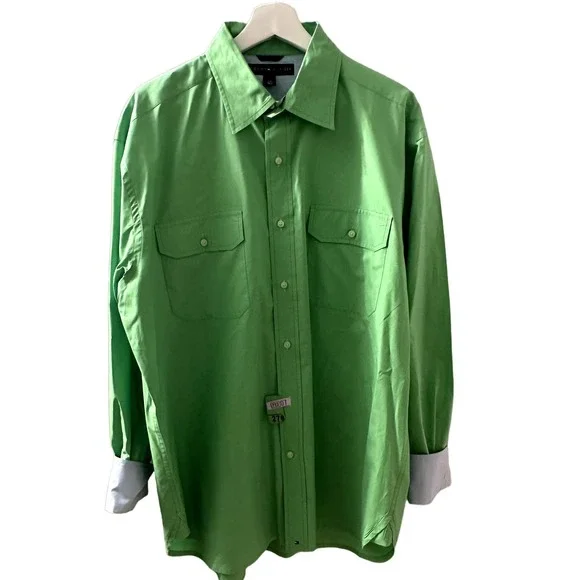 Tommy Hilfiger Men's Green Long Sleeve Flap Chest Pocket Shirt Size Large - Picture 1 of 9